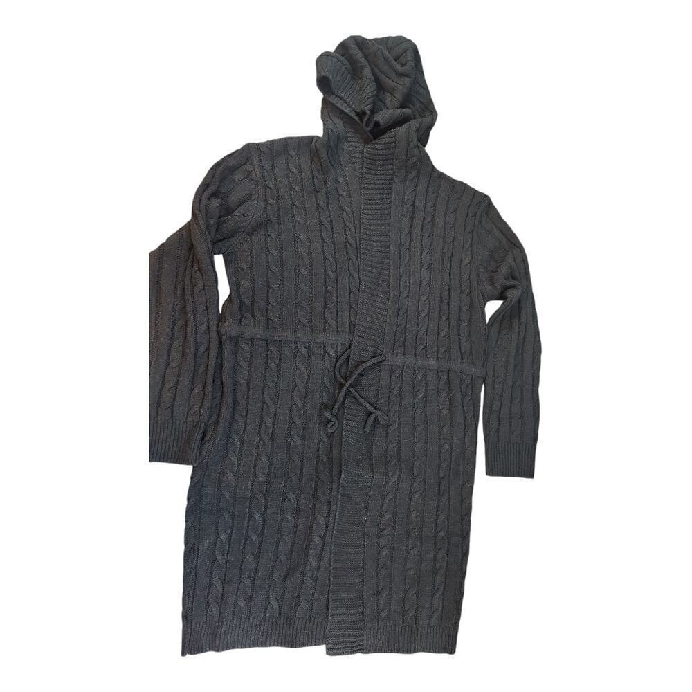 Doe and Ray womens sz large black midi knit‎ cardigan with tie front long sleeve